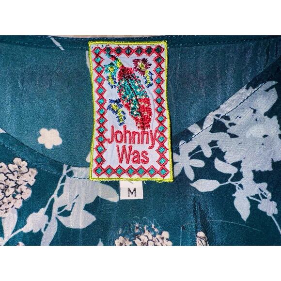 JOHNNY WAS TOP SHEER CRINKLE WATERCOLOR FLORAL TUNIC BLOUSE TEAL BLUE MEDIUM M - Picture 4 of 5